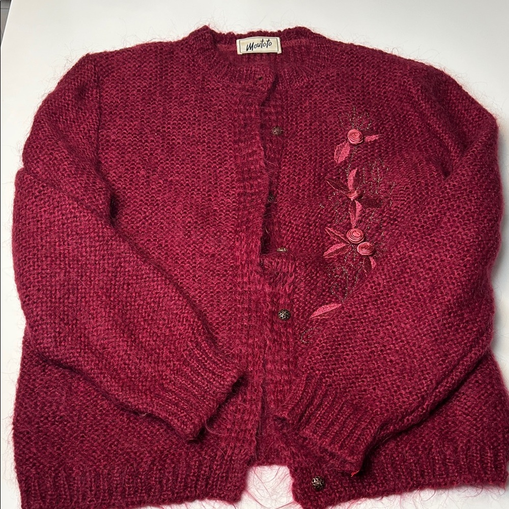 Moutoto Vintage wool blend burgundy cardigan with floral embroidery size Large